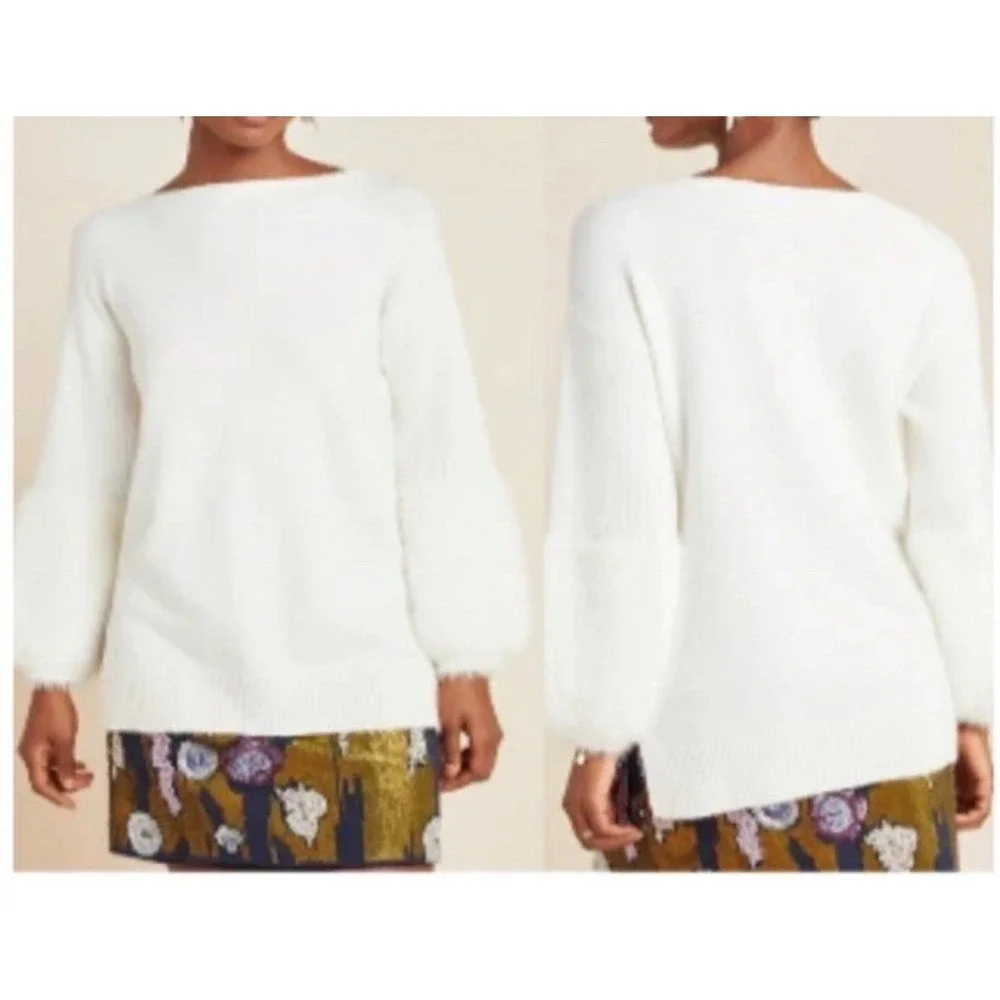 Anthropologie Sz L Colma Boat Neck Pullover Sweater Faux Fur Eyelash Cuffs
